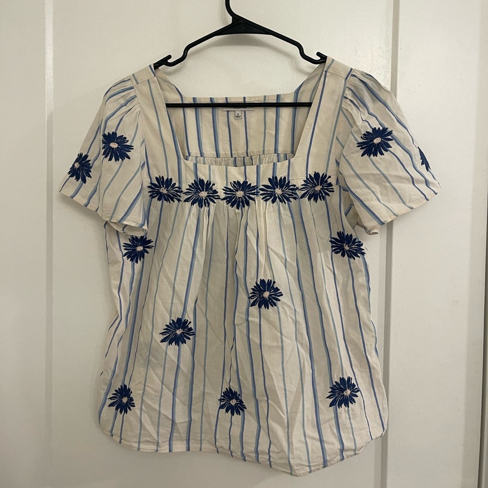 Madewell Cottagecore Cream Square-Neck Top with Blue Floral Embroidery